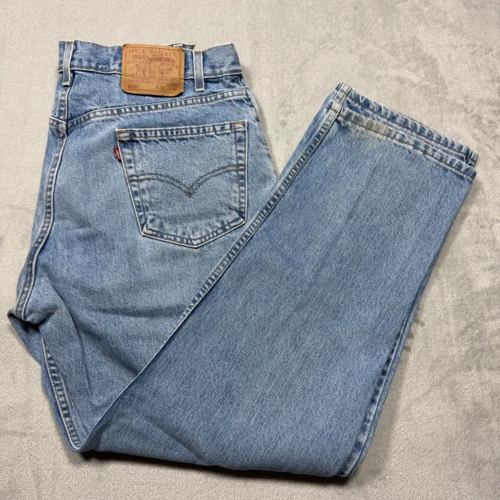 Vintage‎ Levis 505 Regular Fit Straight Leg Jeans 34x30 Light Wash Blue Cotton